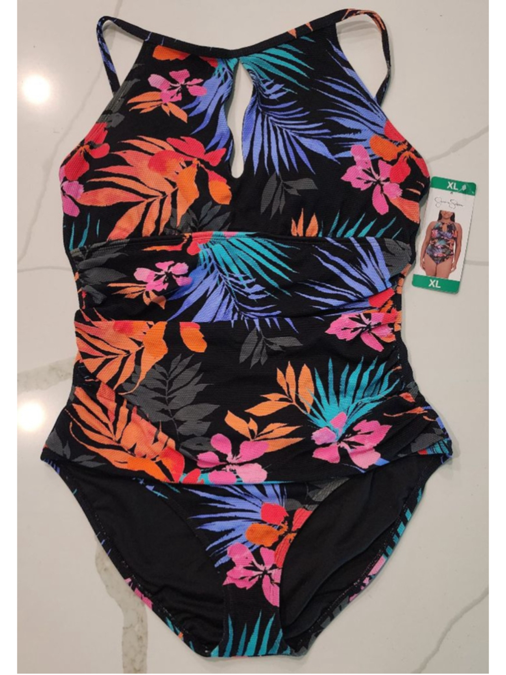 Jessica Simpson XL Tropical Floral One Piece Swimsuit NWT Keyhole Cutout Ruched